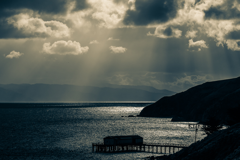 Morning sunrays breaking through at Drake's Bay