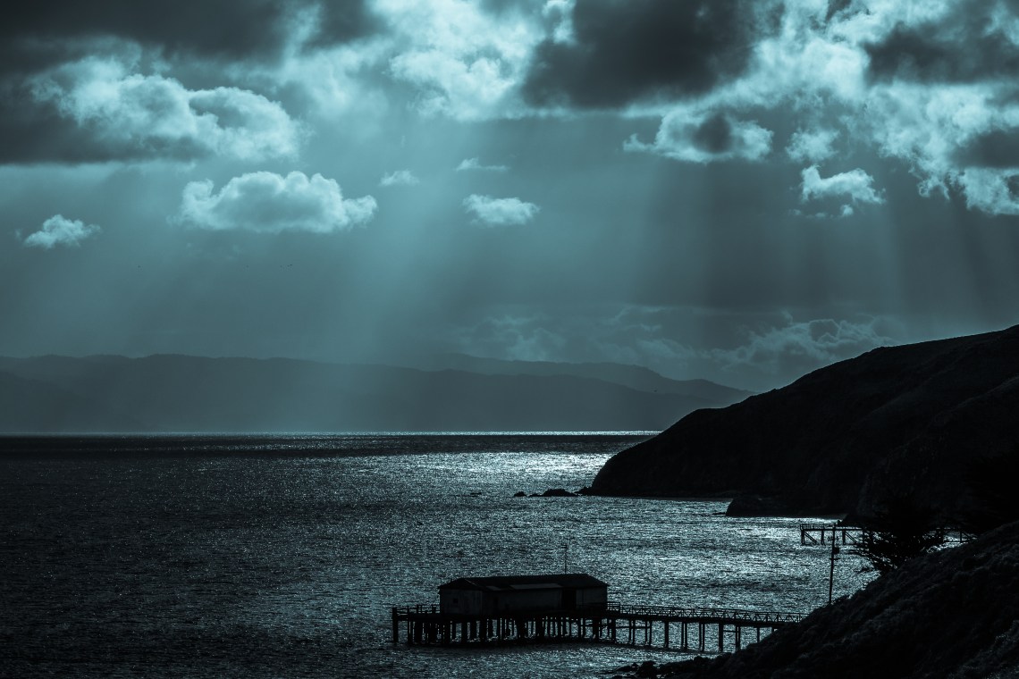 Morning sunrays breaking through at Drake's Bay